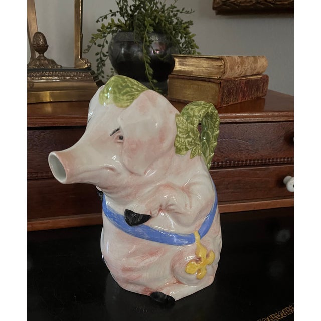 Ceramic Vintage 1980s Italian Majolica Hand Painted Ceramic Monk Pig Pitcher For Sale - Image 7 of 13