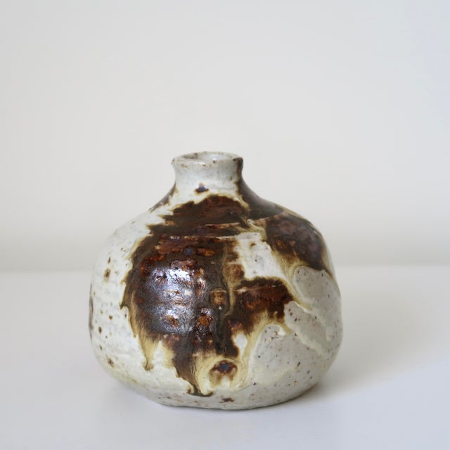 Wabi Sabi Studio Pottery Sculptural Rounded Bud Vase With Strokes of Mottled Brown & Ivory Drip Glaze For Sale - Image 12 of 16