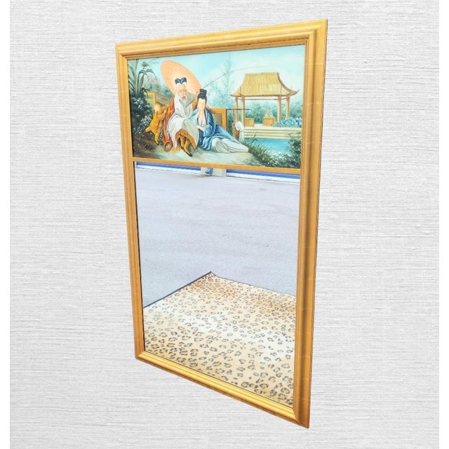 Vintage Chinoiserie Pagoda Fishing Village Gold Leaf Framed Trumeau Oil Painted Wall Mirror For Sale In West Palm - Image 6 of 6