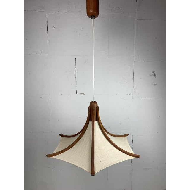 Teak and Linen Umbrella Pendant Hanging Lamp attributed to Domus, 1970s For Sale - Image 6 of 14
