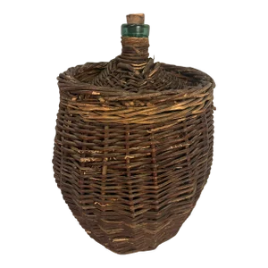 Green Glass Demijohn/Carboy Wrapped in Wicker With Cork Stopper