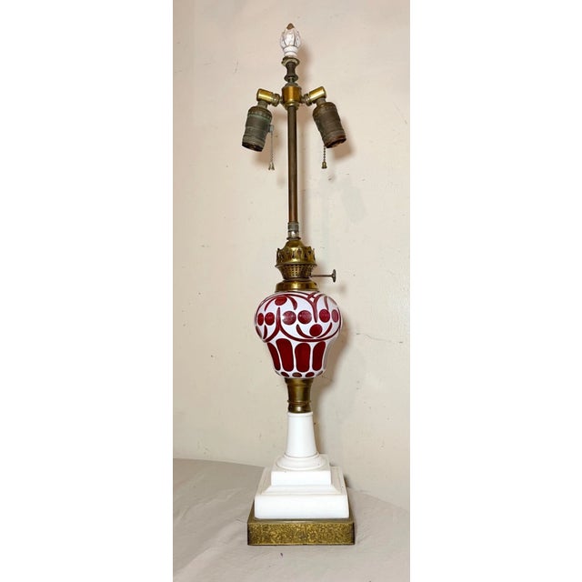 Metal Antique Boston Sandwich Glass Cut to Clear Cranberry White Electrified Oil Lamp For Sale - Image 7 of 15