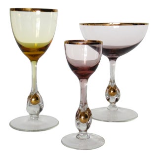 C.1950's Czech Josef Stanik Hand-Blown Crystal Gold-Rimmed Stemware With Encapsulated Gold Nugget Stems- 3 Pieces For Sale