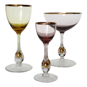 C.1950's Czech Josef Stanik Hand-Blown Crystal Gold-Rimmed Stemware With Encapsulated Gold Nugget Stems- 3 Pieces