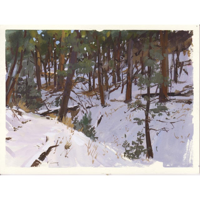 This gouache work captures a serene winter scene in O'Fallon Park, showcasing a landscape blanketed in snow beneath a...