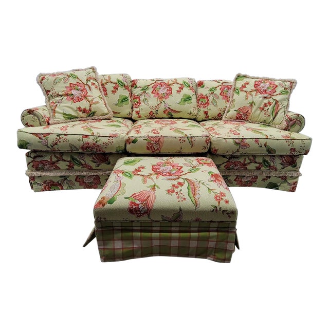 Vintage Traditional Sofa, Ottoman, Pillows With Designer Floral Upholstery For Sale