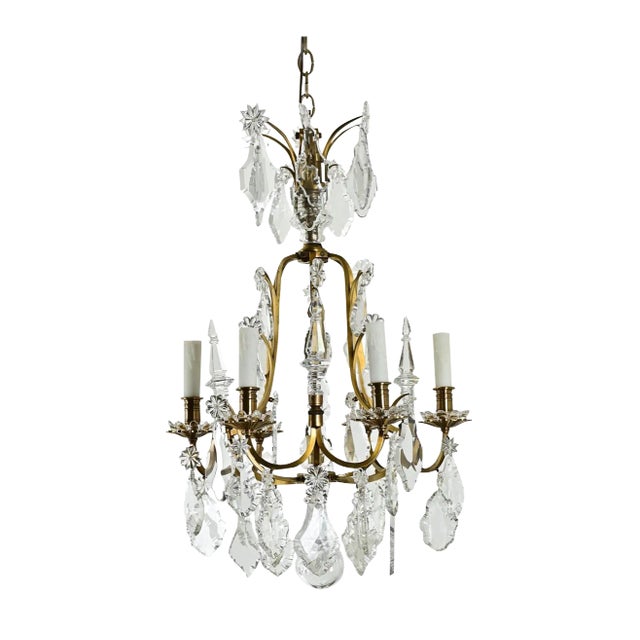 French Vintage Petite Brass & Crystal Chandelier For Sale