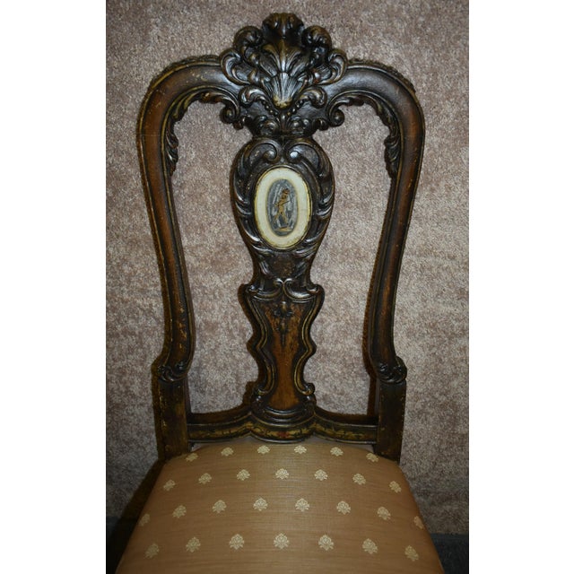 Italian Antique Walnut Dining Chairs Italian Venetian Reverse Painted Glass Pair 1910s For Sale - Image 3 of 12