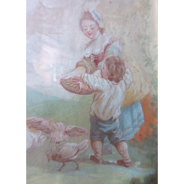 Pink Antique Original 1869 Feeding Child Feeding Chicken Gouache Watercolor Painting For Sale - Image 8 of 11