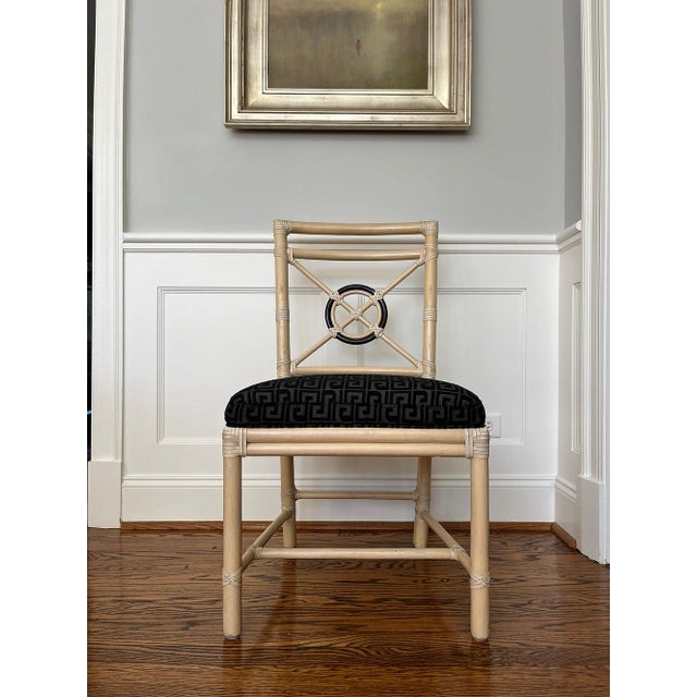 Mid-Century Modern 1980s McGuire Rattan Target Back Chairs with Thibaut Greek Key Upholstery, Set of 4. For Sale - Image 3 of 8
