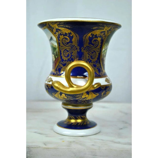 20th Century Hand-Painted Deep Blue and Gilt Sieve Vases, Set of 2 For Sale - Image 5 of 6