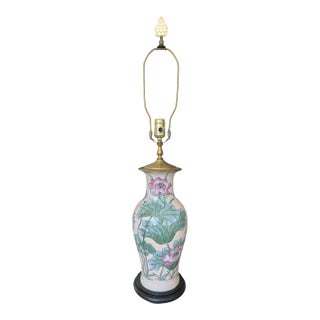 Antique Chinoiserie Porcelain Enamel Lotus Flower Vase Lamp For Sale