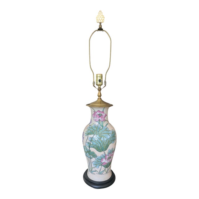 Antique Chinoiserie Porcelain Enamel Lotus Flower Vase Lamp For Sale