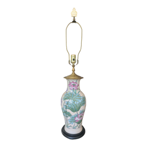 Antique Chinoiserie Porcelain Enamel Lotus Flower Vase Lamp