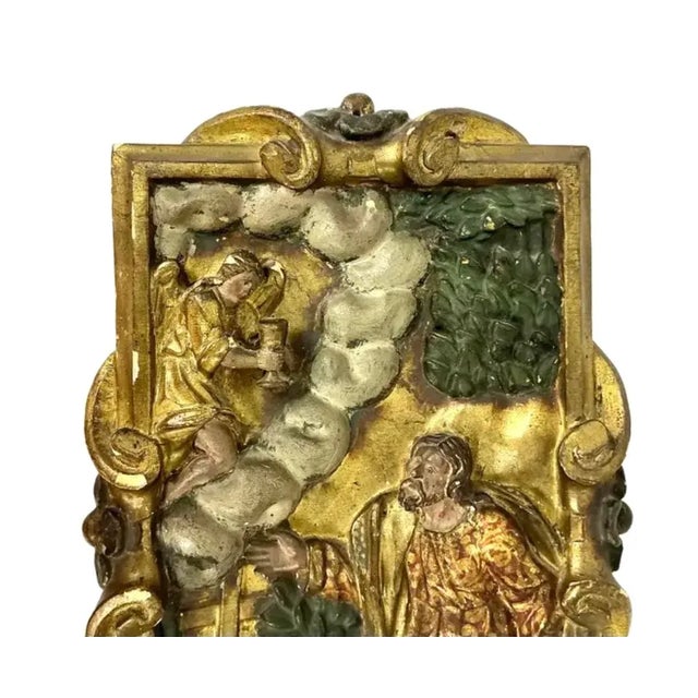 18th Century Spanish Colonial Religious Wood Panel, Polychromed. Panel features a kneeling saint (or possibly Christ) in...