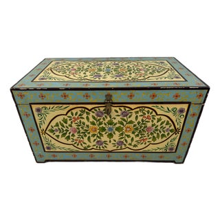 Vintage Hand-Painted Wooden Floral Folk Art Storage Trunk For Sale