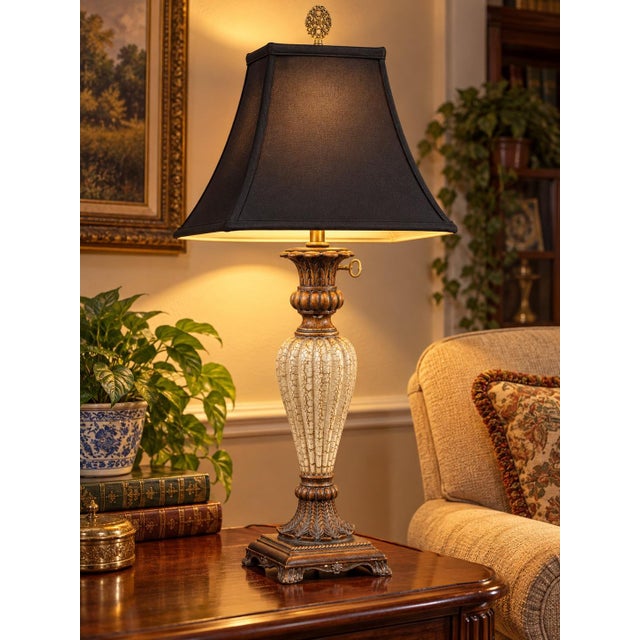 Late 20th Century Cream Neoclassical Urn Table Lamps With Black Square Bell Shades - Pair For Sale In Los Angeles - Image 6 of 10