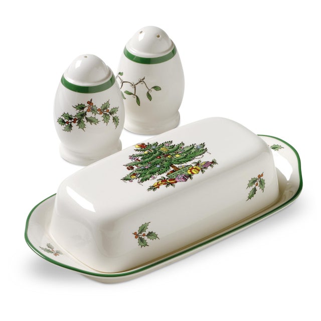 Spode Christmas Tree Hostess Set - Covered Butter Dish and Salt & Pepper Shakers For Sale In New York - Image 6 of 6