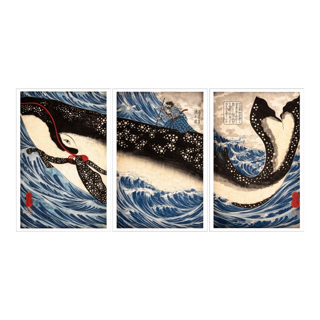 Japanese Whale Triptych Reproduction, Coastal Nautical Art Print Set of 3, 32" X 48" For Sale