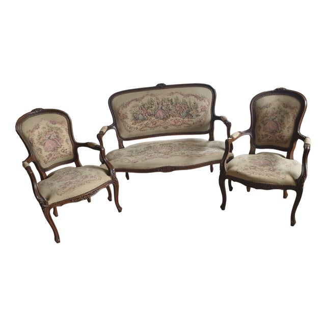 Sofa and Two Armchairs with Walnut Frame Embroidered Upholstery, Set of 3 For Sale