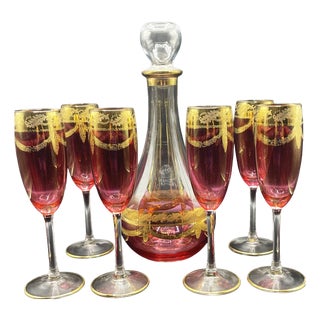 Italian Sparkling Champagne Glasses with Decanter, 1970s, Set of 7 For Sale