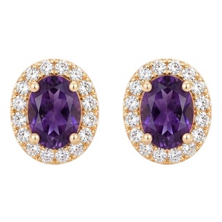 Purple Amethyst Stud Earrings | Oval Halo Solitaire Studs | February Birthstone Studs Classic Vintage Style Gift for Women - A Pair For Sale