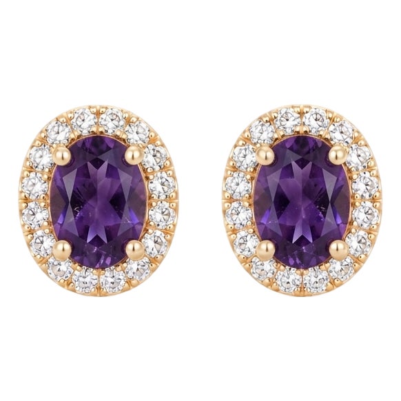 Purple Amethyst Stud Earrings | Oval Halo Solitaire Studs | February Birthstone Studs Classic Vintage Style Gift for Women - A Pair For Sale
