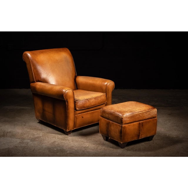 1980s Contemporary Tobacco-Colored Leather Club Chair and Ottoman For Sale - Image 11 of 11