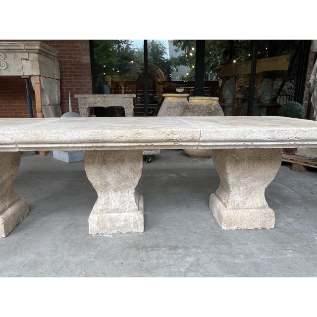 Authentic Hand Carved 3-Pedestal Limestone Garden Table From Provence, France For Sale - Image 14 of 18