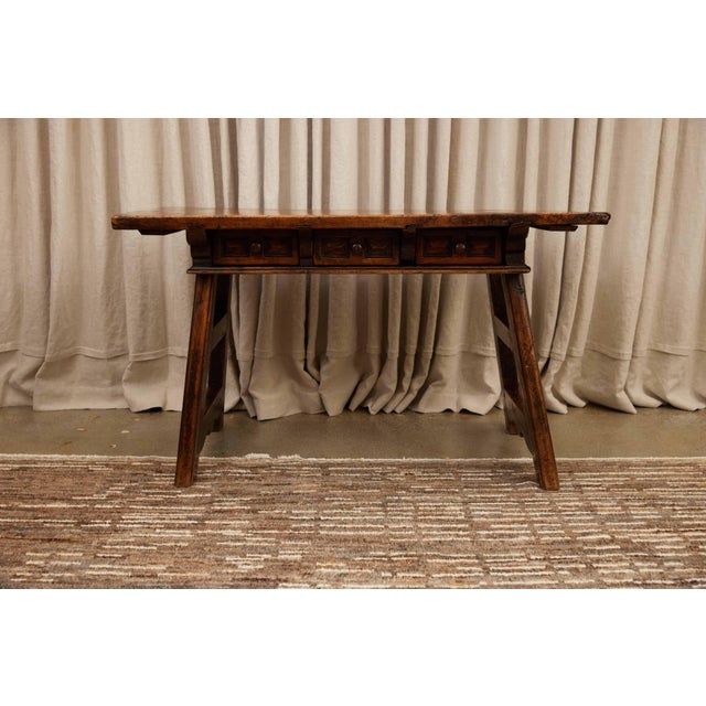 18th C. Spanish Beautifully Rustic Carved-Wood Trestle-Leg Table With Drawers For Sale In Los Angeles - Image 6 of 6