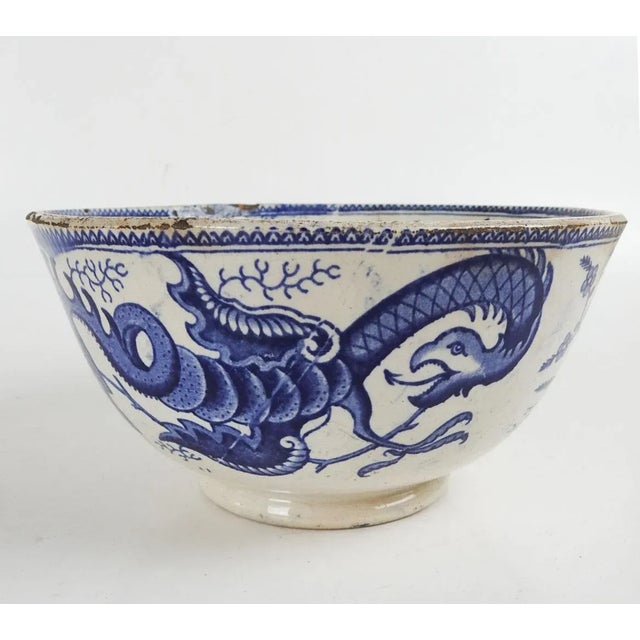Mid 19th Century Antique Chinoiserie Blue Transferware Dragon Bowl Stapled For Sale - Image 5 of 10