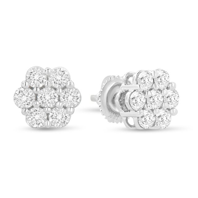 Contemporary 14K White Gold 1.0 Cttw Prong Set Round-Cut Diamond Floral Stud Earrings (H-I Color, I1-I2 Clarity) For Sale - Image 3 of 6