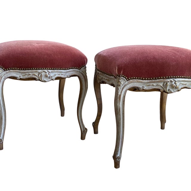 Pair of 19th Century French Provincial Mohair Footstools - Carved Serpentine Frames, Custom Finish and Dusty Rose Upholstery For Sale - Image 12 of 16