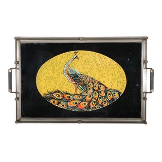 Art Deco Reverse Painted Serving Tray With Peacock Decoration For Sale