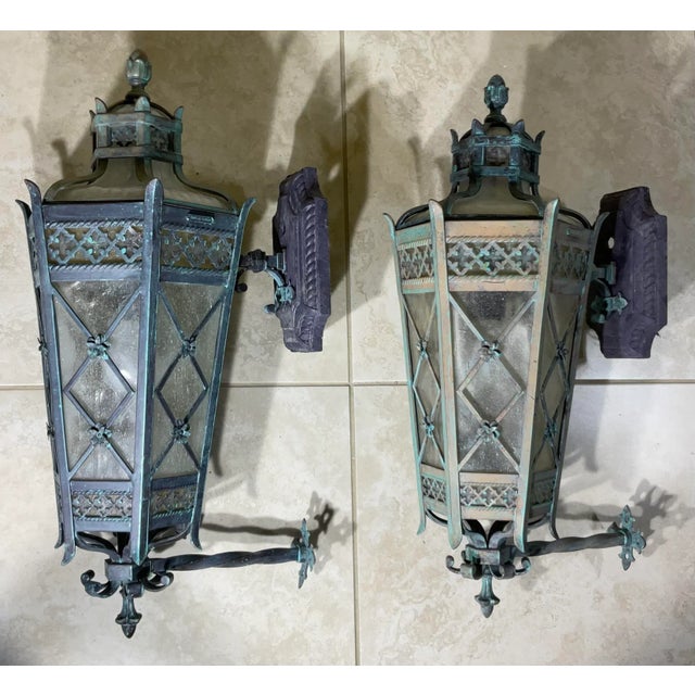 1980s Large Pair of Handcrafted Wall-Mounted Solid Brass Lanterns / Sconces For Sale - Image 9 of 18