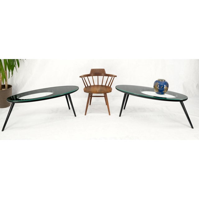 Pair Glass Top Black Lacquer Oval Pierced Shape Solid Tops End Side Tables Stands. Italian mid century modern pair of oval...
