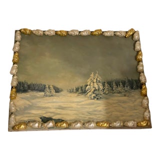 Vintage Winter Landscape in Figural Santas Ornamental Frame For Sale