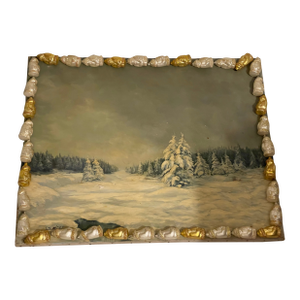 Vintage Winter Landscape in Figural Santas Ornamental Frame