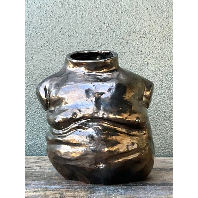 Hollywood Regency Vintage Boho Metallic Glazed Ceramic Torso Vase For Sale - Image 3 of 8
