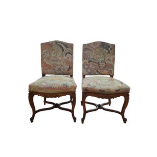 Pair of Antique Louis XIV Style, Needlepoint-Upholstered Side Chairs For Sale