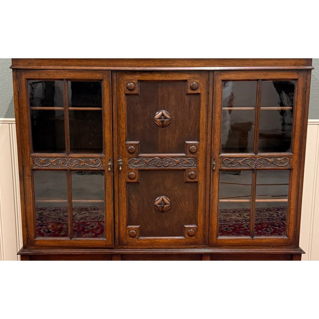 Antique English Jacobean Bookcase Bookshelf Cabinet Barley Twist Wavy Glass Oak For Sale - Image 9 of 18