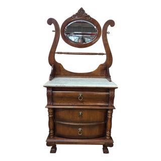 Victorian Walnut Marble Top Washstand With Swivel Mirror & Lion Head Pulls For Sale