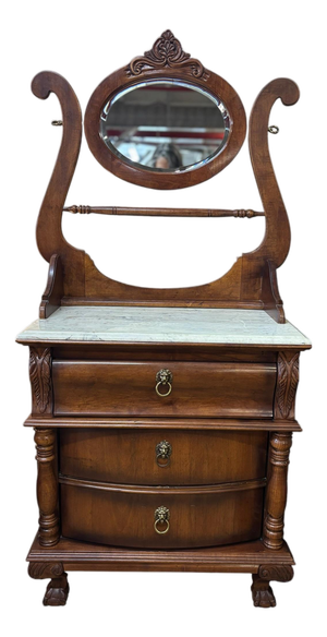 Victorian Walnut Marble Top Washstand With Swivel Mirror & Lion Head Pulls