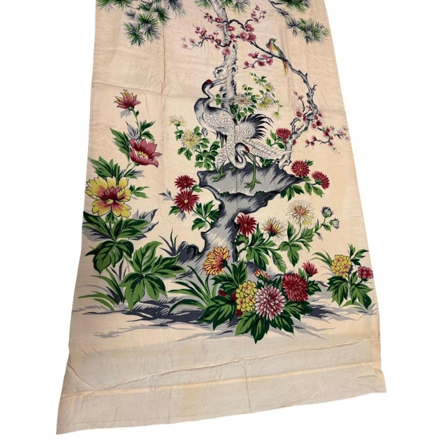 Mid Century Silk Curtain Panel With Cranes, Pine, and Chrysanthemums - 2 Available For Sale In Los Angeles - Image 6 of 7