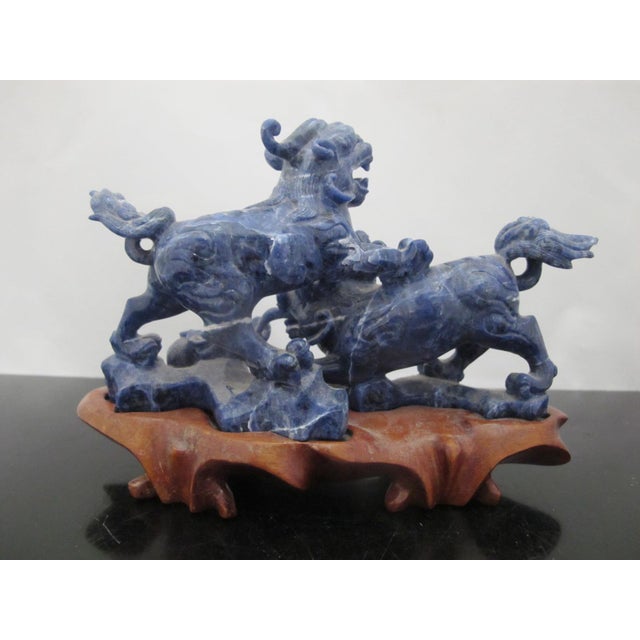 Chinese Carved Lapis Lazuli 2 Foo Dog Playing Figurine on Wood Stand For Sale - Image 4 of 12