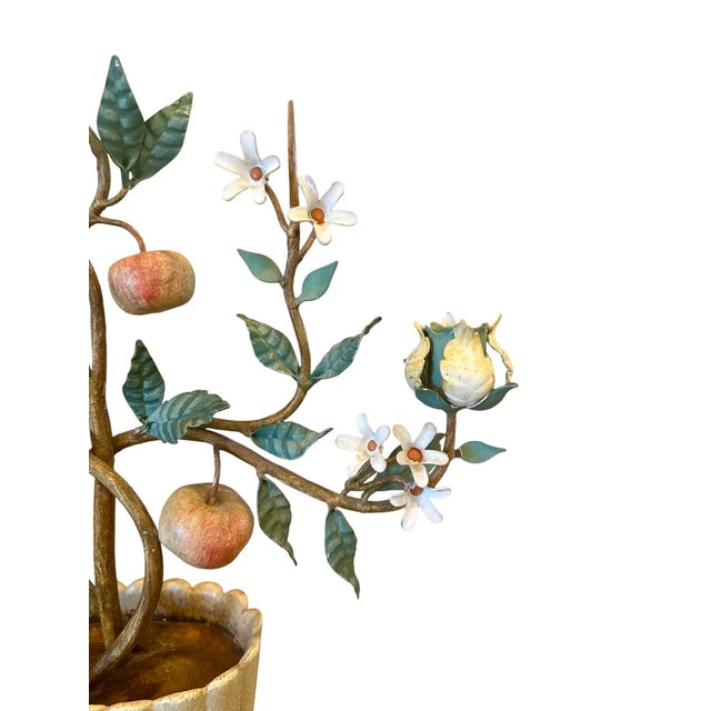 Mid 20th Century Vintage Italian Tole Espalier / Espaliered Tree Sculpture, Fruit Tree, Bird, Blossoms, & Apples in Scalloped Oval Pot For Sale - Image 5 of 7