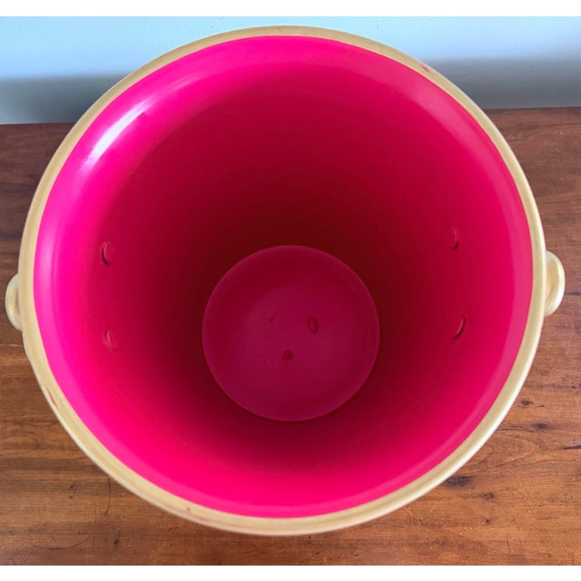 Hot Pink Tropical Themed Tole Cachepot/Champagne Bucket With Gold Accents and Handles For Sale In Savannah - Image 6 of 7