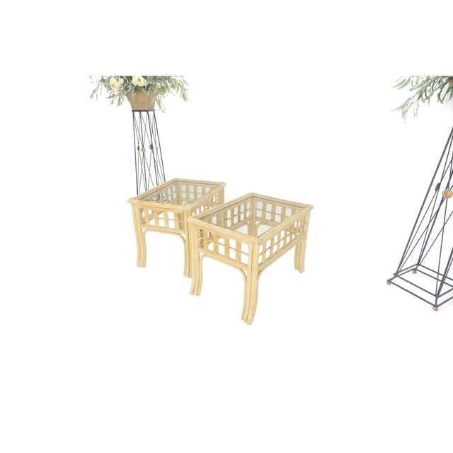 Transparent Pair of White Wash Pickle Finish Rattan Rectangle Glass Top End Side Tables MINT For Sale - Image 8 of 12