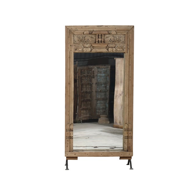 1900 - 1909 Antique Indian Bleached Teakwood Carved Door Frame C. 1880, With a Mirror Added on Iron Legs For Sale - Image 5 of 6