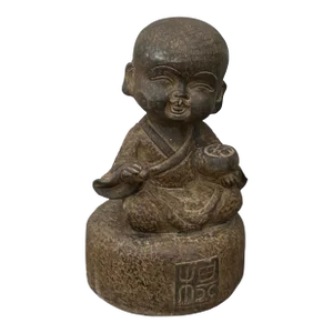 Oriental Gray Stone Little Lohon Monk Playing GoChess Statue